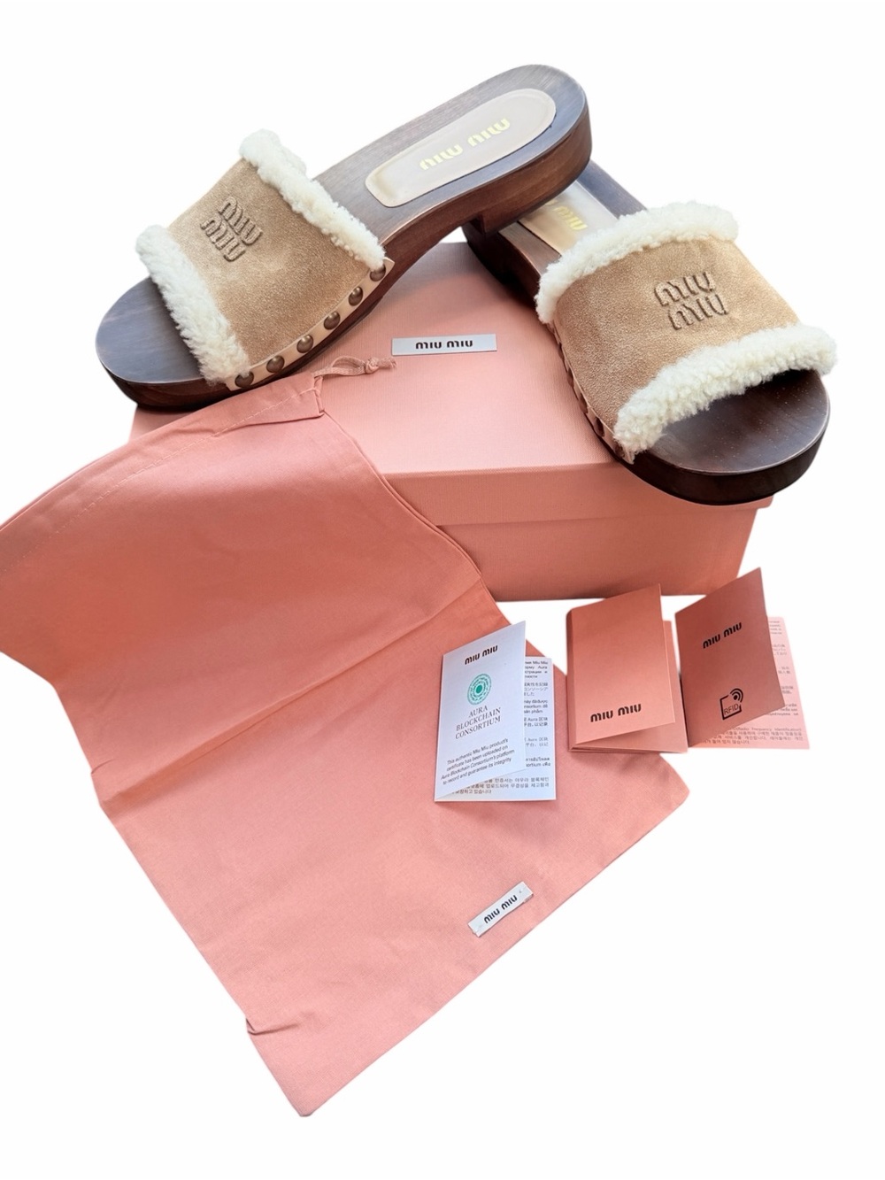 Miu Miu Suede Shearling Wooden Clog Slide Sandals Deserto 41 NIB